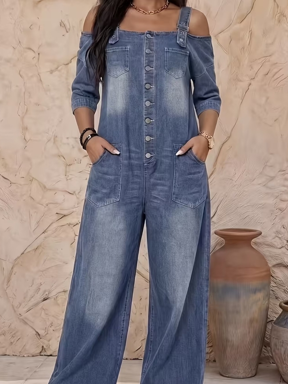 Denim Off-Shoulder Wide-Leg Jumpsuit Overalls Bibs - Blue
